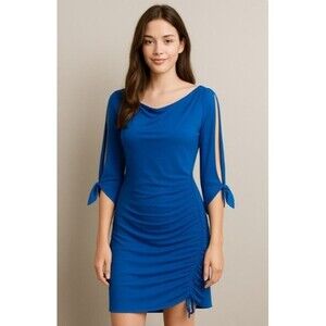 Cache Dress Blue Knee Length Slit Sleeves Roughed Side Stretchy Womens Size M